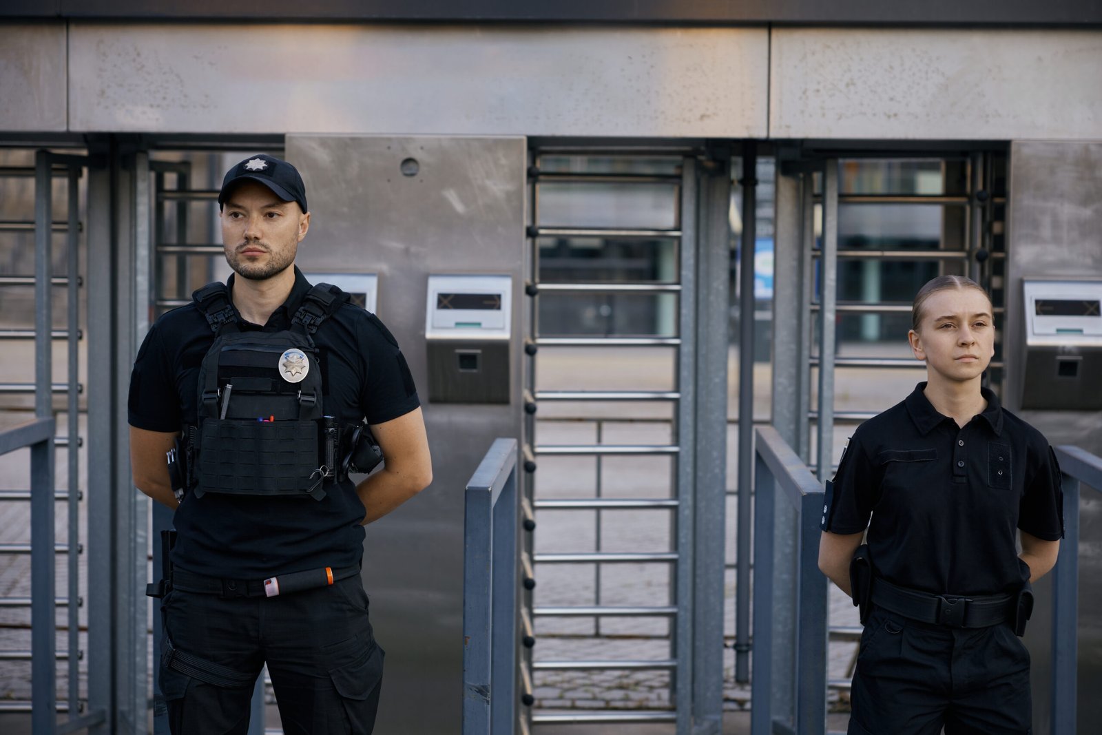 Diverse armed police officers wearing protective bulletproof vest patrolling and guarding entrance to public subway