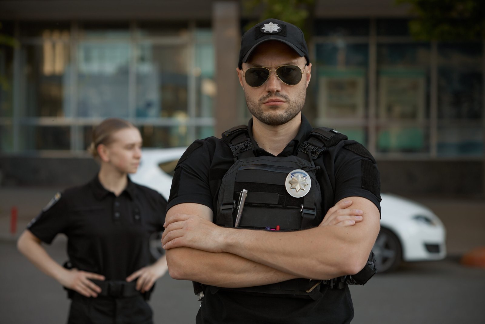 Portrait headshot of serious brave man patrol police officer with young policewoman standing on blurred on background. Professional police force enforcement and city street security guard